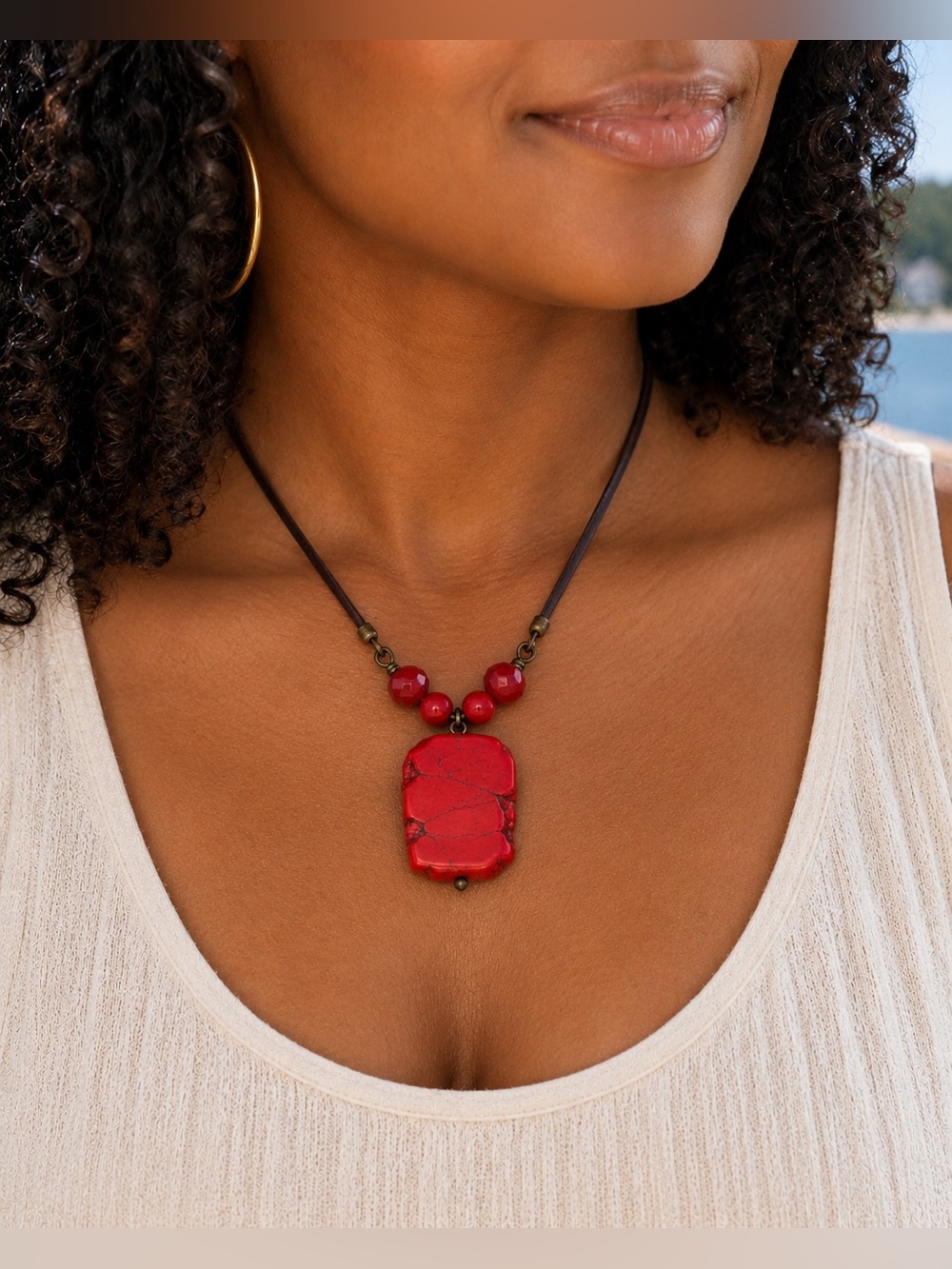 Red Stone Pendant Necklace Black Cord Boho Artisan Southwestern